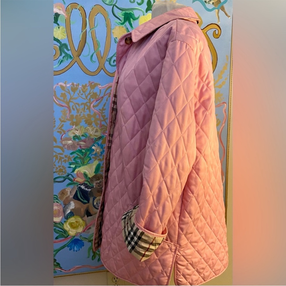 Burberry Pink Quilted Jacket Nova Check Lining Women’s Large - Picture 4 of 9